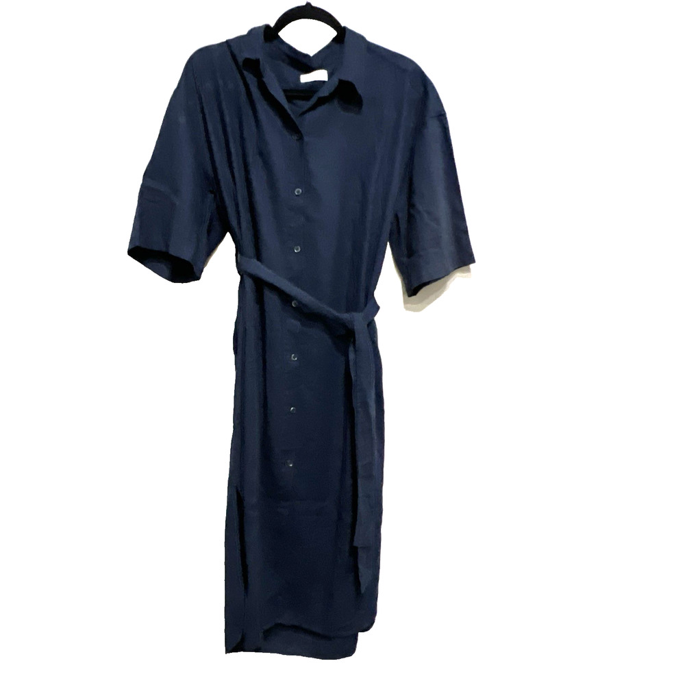 Babaton Aritzia Navy Linen blend Belted midi Shirt Dress pockets M fits L/ XL